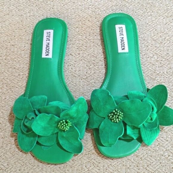 Steve Madden Shoes - Steve Madden Melena Green Suede Flower Flat Slide  Sandals - Size 7.5